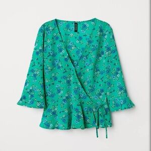 NWOT H&M Divided green, blue, cream floral v-neck wrap blouse top - size 6